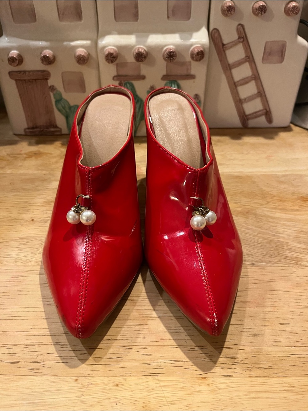 Red Patent Leather Pointed-Toe Mule with Pearl Charm